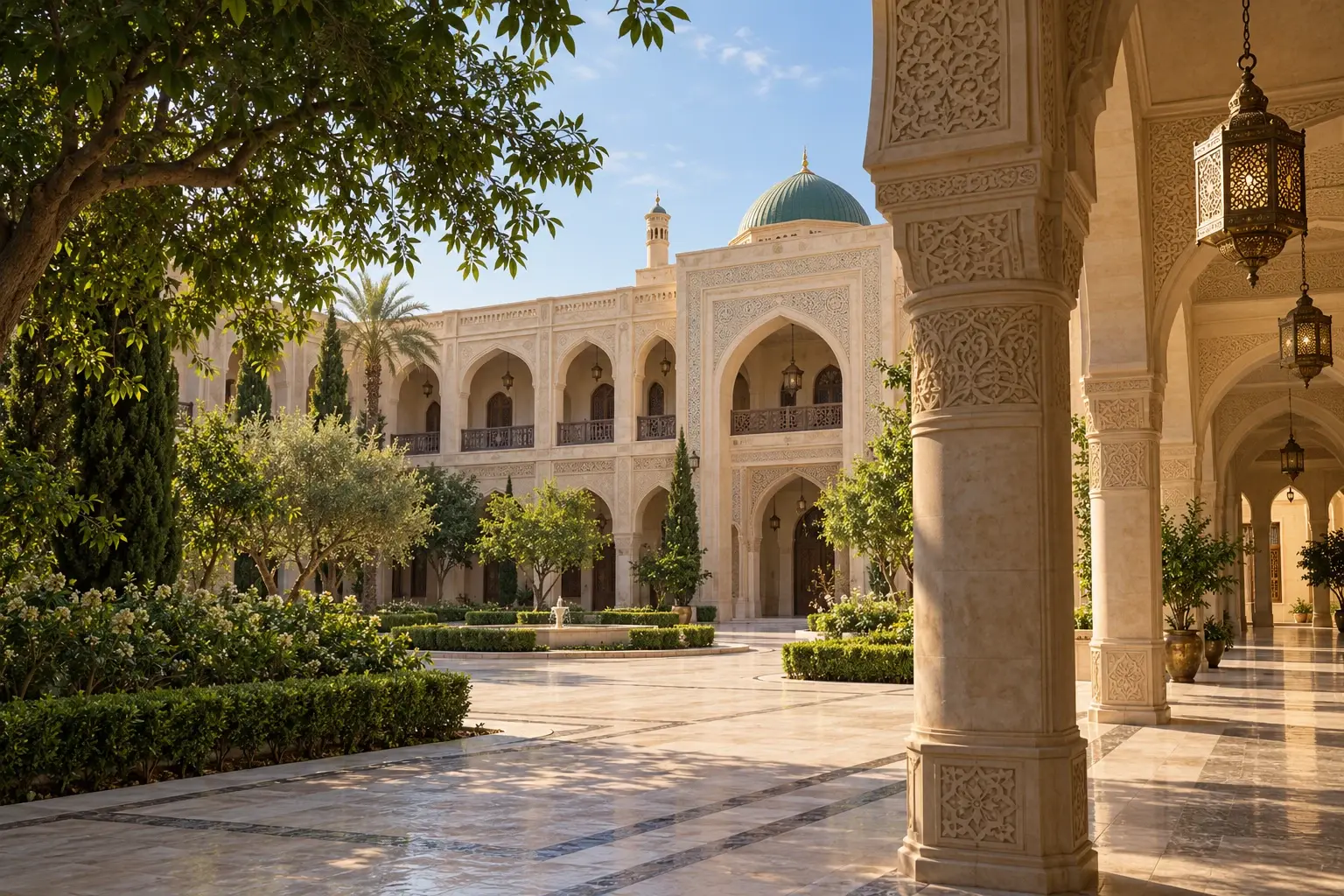 تصور معماري توضيحي لفناء إسلامي، وليس صورة المدرسة